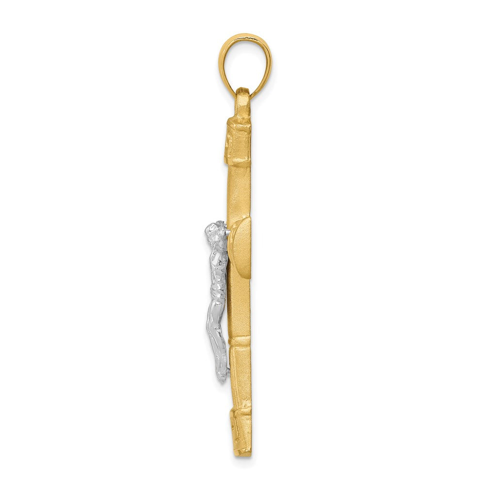 14K Two-tone Brushed and Polished Greek Key Crucifix Pendant
