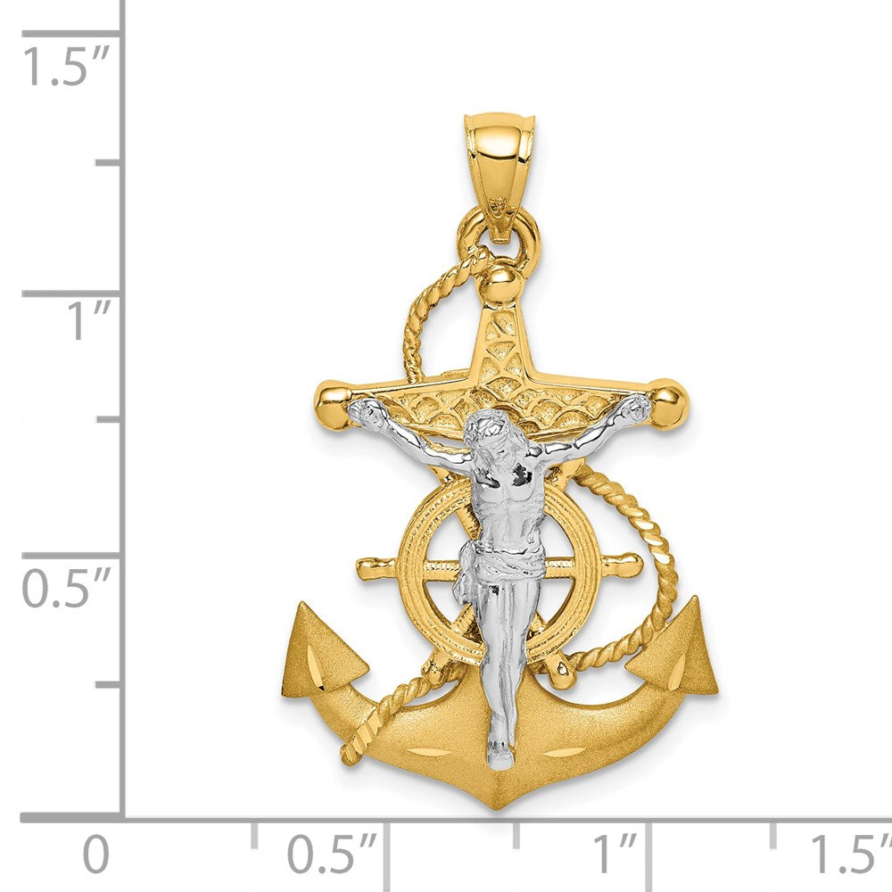 14K Two-tone Polished and Satin Diamond-cut Mariner Crucifix Pendant