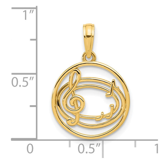 14k Polished Music Notes and Treble Clef in Circle Pendant