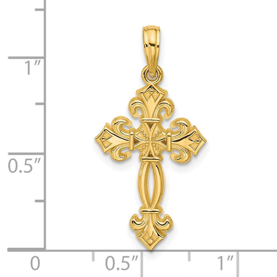 14K Polished Textured Fleur de Lis Cross Pendant