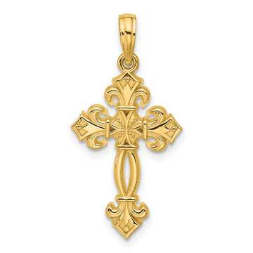 14K Polished Textured Fleur de Lis Cross Pendant