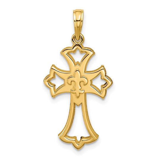 14K Polished Fleur De Lis Cross Pendant