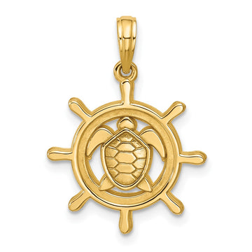 14K Polished Turtle in Ships Wheel Pendant