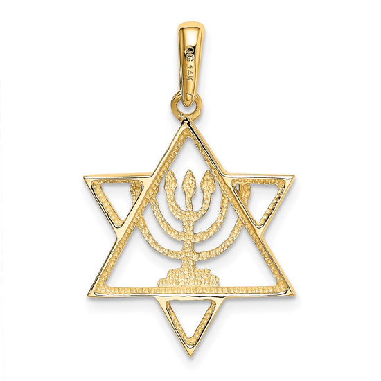 14K and White Rhodium Solid Menorah In Star Of David Charm