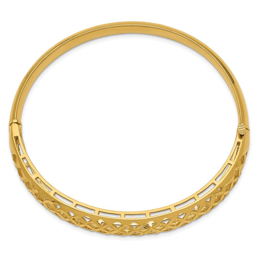 14k Polished Graduated Diamond-cut 6.25-12.5mm Fancy Weave Hinged Oval Bangle Bracelet