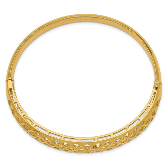 14k Polished Graduated Diamond-cut 6.25-12.5mm Fancy Weave Hinged Oval Bangle Bracelet