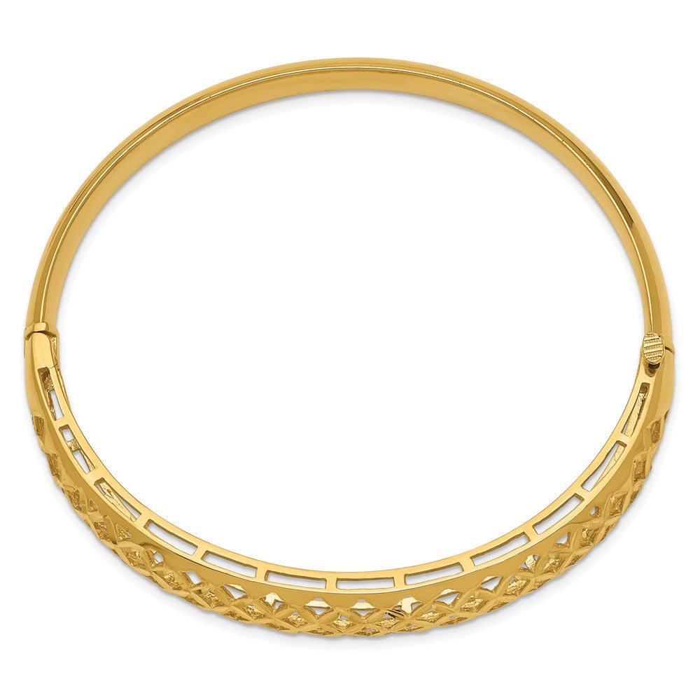 14k Polished Graduated Diamond-cut 6.25-12.5mm Fancy Weave Hinged Oval Bangle Bracelet