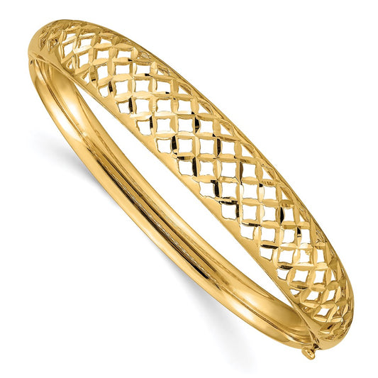 14k Polished Graduated Diamond-cut 6.25-12.5mm Fancy Weave Hinged Oval Bangle Bracelet