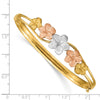 14k Tri-color Polished and Satin Diamond-cut Plumeria Hinged Oval Bangle Bracelet
