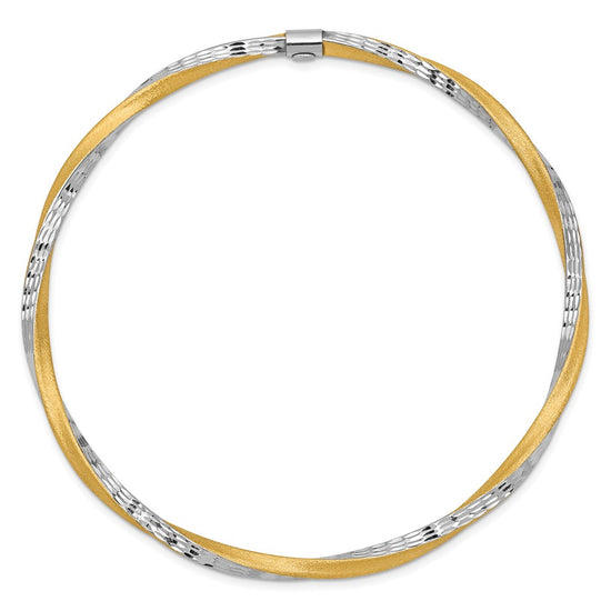 14k and White Rhodium Satin Finish Diamond-cut Twist 3.00mm Slip-on Round Bangle Bracelet