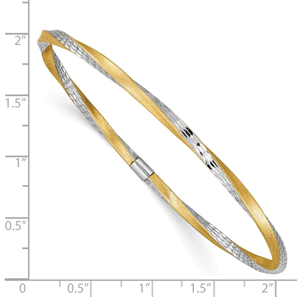 14k and White Rhodium Satin Finish Diamond-cut Twist 3.00mm Slip-on Round Bangle Bracelet