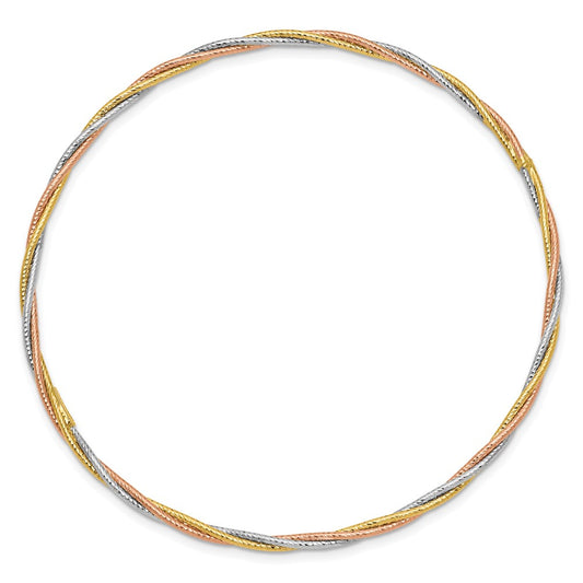 14k Tri-color Polished Diamond-cut Twisted 2.00mm Slip-on Round Bangle Bracelet
