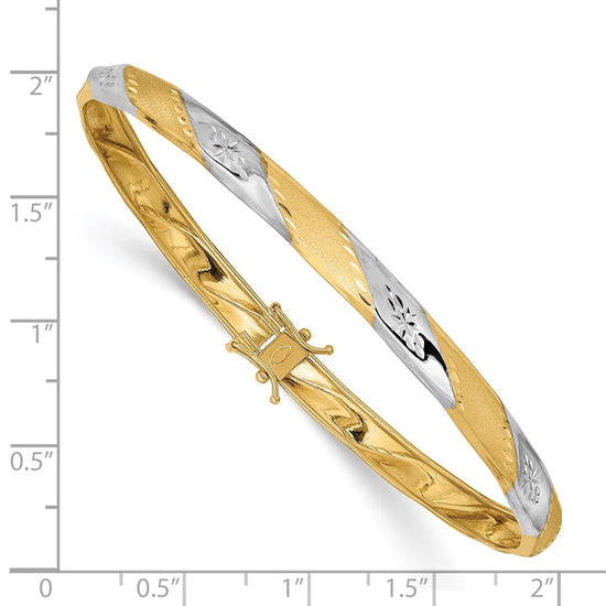 14k with White Rhodium Polished and Satin Diamond-cut 5.00mm Flexible Round Bangle Bracelet