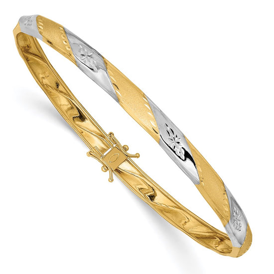 14k with White Rhodium Polished and Satin Diamond-cut 5.00mm Flexible Round Bangle Bracelet