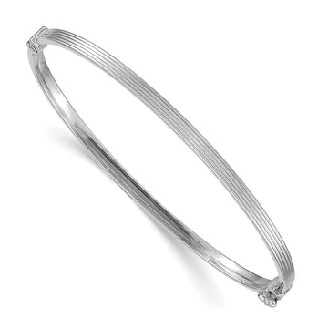 14k White Gold Polished Textured Stripe 3.00mm Hinged Oval Bangle Bracelet