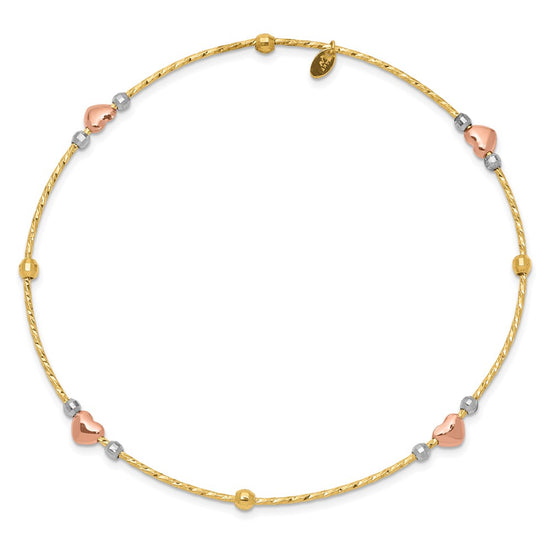 14k Tri-color Diamond-cut Hearts and Beads Slip-on Round Bangle Bracelet