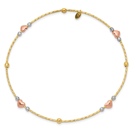 14k Tri-color Diamond-cut Hearts and Beads Slip-on Round Bangle Bracelet