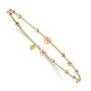 14k Tri-color Diamond-cut Hearts and Beads Slip-on Round Bangle Bracelet