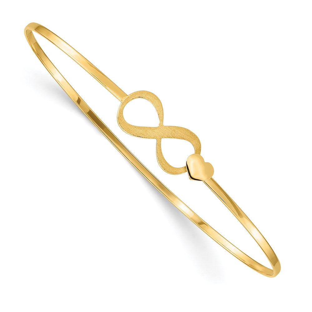 14K Brushed and Polished Infinity and Heart Clasp 1.65mm Flexible Oval Bangle Bracelet