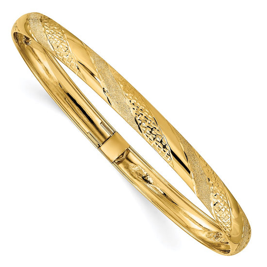 14k Polished Textured and Diamond-cut Twist Pattern 6.20mm Flexible Oval Bangle Bracelet
