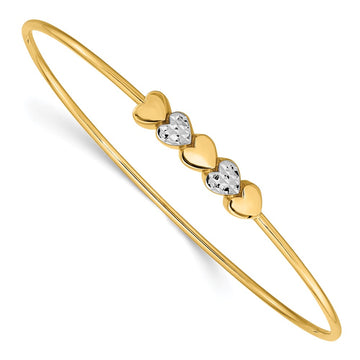 14K and White Rhodium Polished Diamond-cut Hearts 1.50mm Slip-on Round Bangle Bracelet