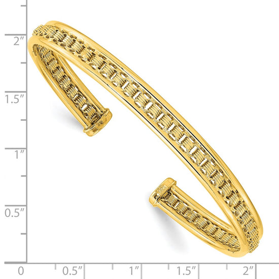 14K Polished and Textured 6.80mm Oval Cuff Bangle Bracelet