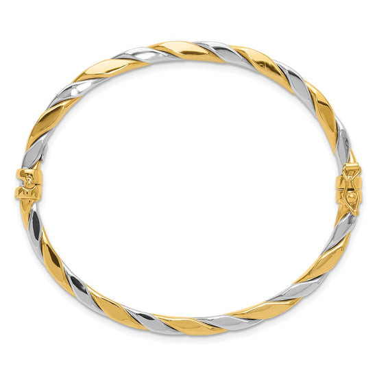 14K Two-tone Polished and Twisted 3.50mm Hinged Oval Bangle Bracelet