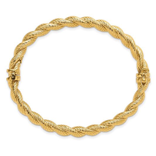 14K Polished and Textured 5.50mm Twisted Hinged Oval Bangle Bracelet