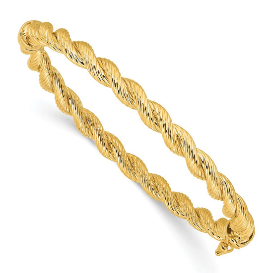 14K Polished and Textured 5.50mm Twisted Hinged Oval Bangle Bracelet