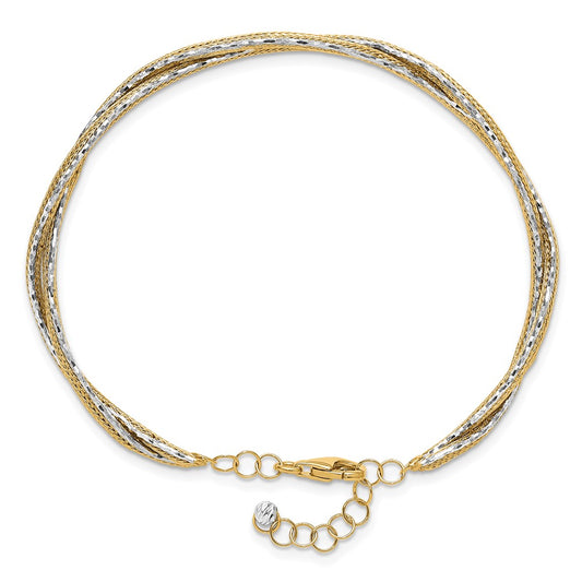 14K Two-tone Diamond-cut and Textured Braided 6.70mm with Safety Chain Flexible Oval Bangle Bracelet