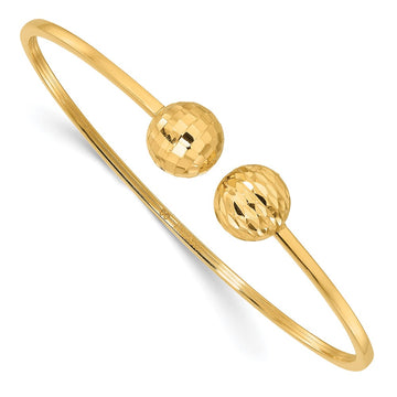 14K Polished and Diamond-cut 10mm Ball 2.00mm Flexible Oval Cuff Bangle Bracelet