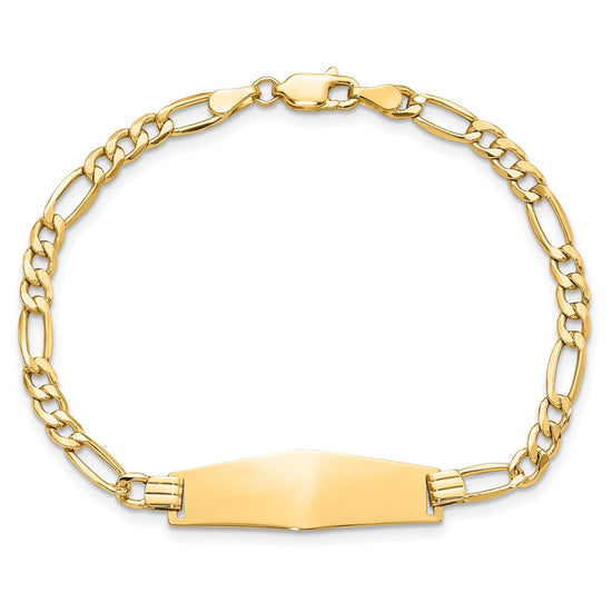 14k Polished Semi-solid Chain/Solid Plate Figaro Link Soft Diamond Shape 28x9.5mm Plate 7 inch ID Bracelet