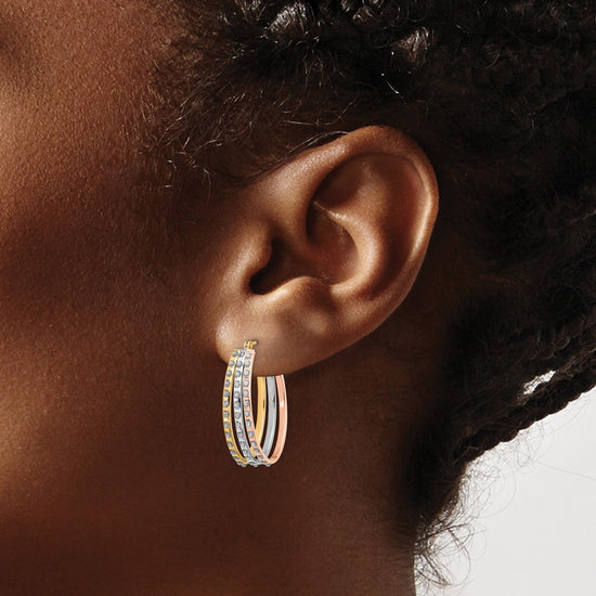 14k Tri-color Diamond Fascination Diamond Dust/Accent Oval 3-Hoop Earrings