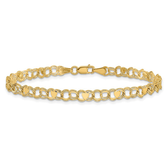 14k 4mm Solid Double Link with Hearts 7 inch Charm Bracelet
