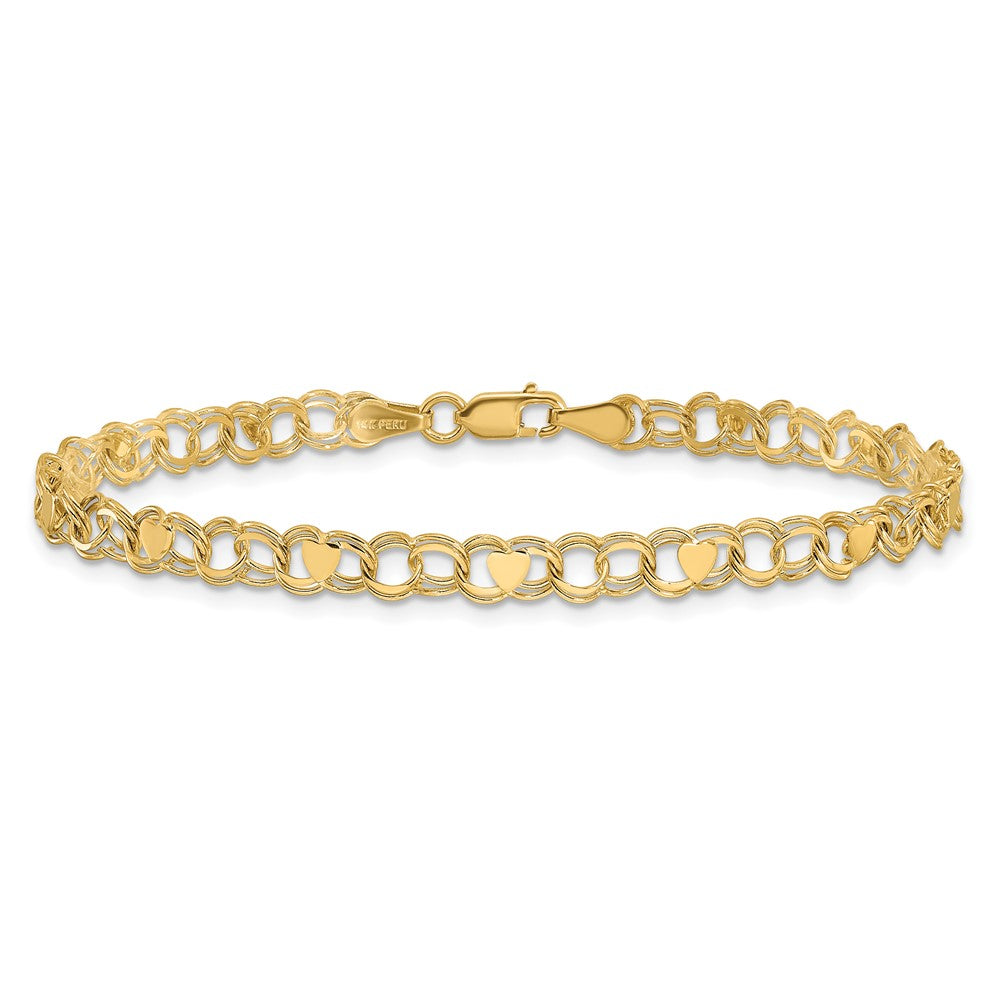 14k 4mm Solid Double Link with Hearts 7 inch Charm Bracelet