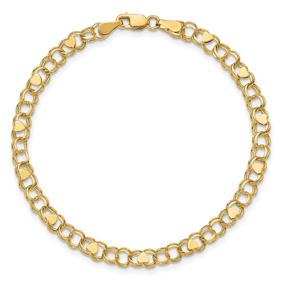 14k 4mm Solid Double Link with Hearts 7 inch Charm Bracelet
