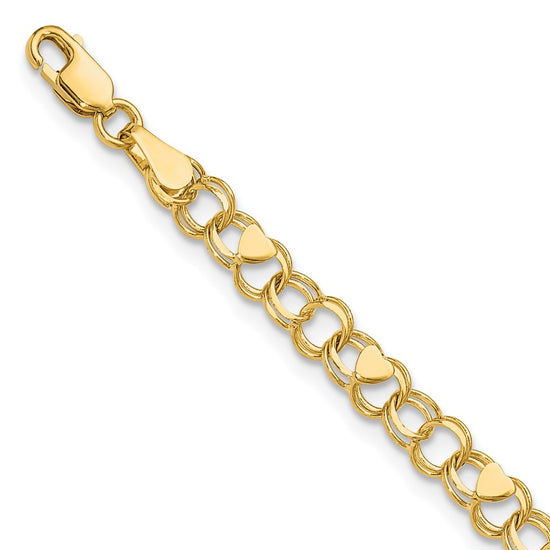 14k 4mm Solid Double Link with Hearts 7 inch Charm Bracelet