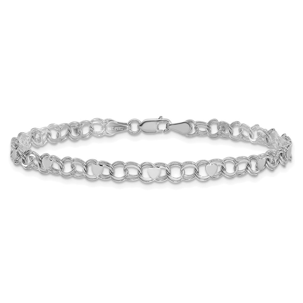 14k White Gold 4mm Solid Double Link with Hearts 7 inch Charm Bracelet