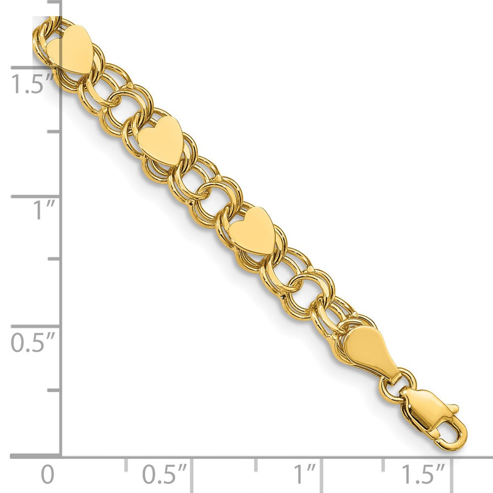 14k 6mm Solid Double Link with Hearts 7 inch Charm Bracelet