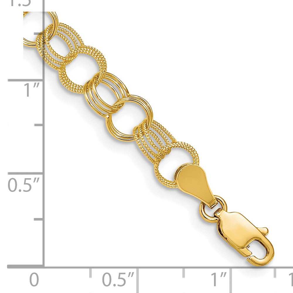 14k 7.5mm Solid Polished and Textured Triple Link 8 inch Charm Bracelet