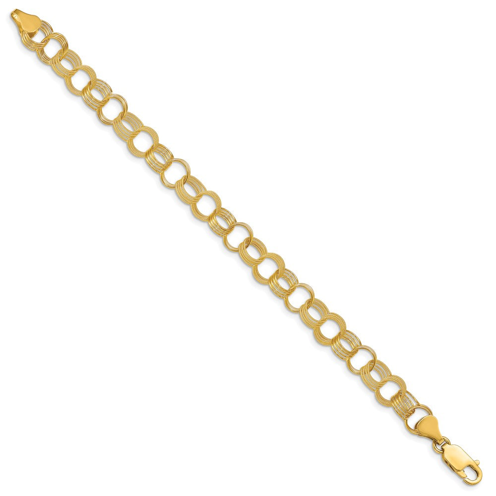 14k 8mm Solid Polished and Textured Triple Link 7 inch Charm Bracelet