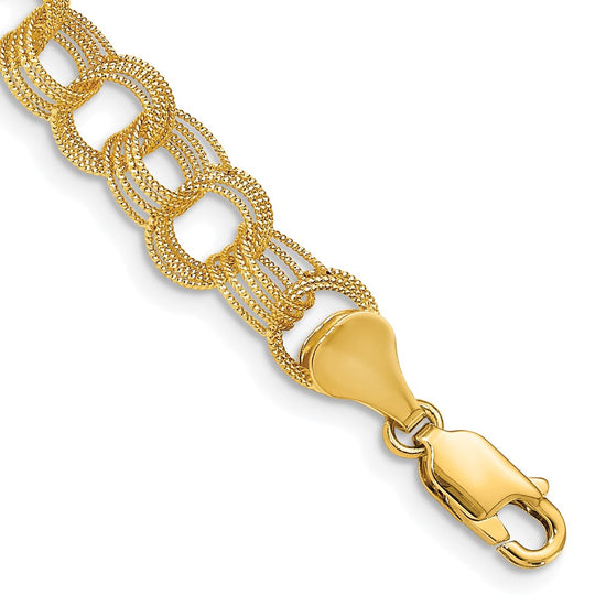 14k 7mm Solid Textured Triple Link 8 inch Charm Bracelet