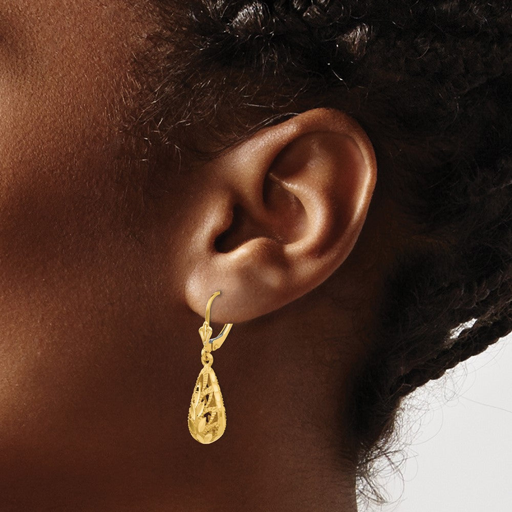 14k Polished Diamond-Cut Teardrop Dangle Leverback Earrings