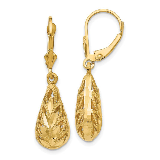14k Polished Diamond-Cut Teardrop Dangle Leverback Earrings