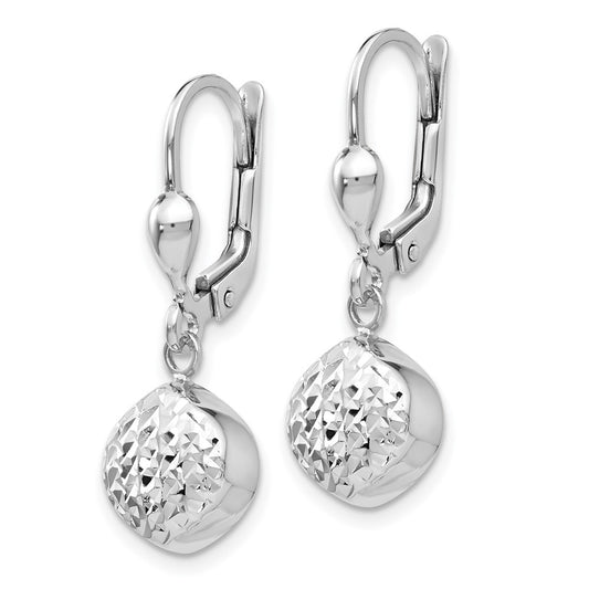 14k White Gold Polished Diamond-Cut Circle Dangle Leverback Earrings