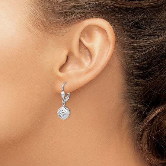 14k White Gold Polished Diamond-Cut Circle Dangle Leverback Earrings
