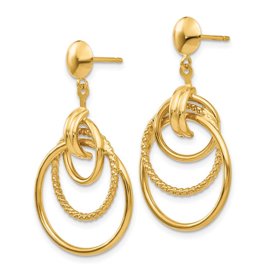 14k Polished and Textured Intertwined Circles Dangle Post Earrings