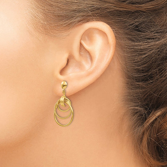 14k Polished and Textured Intertwined Circles Dangle Post Earrings