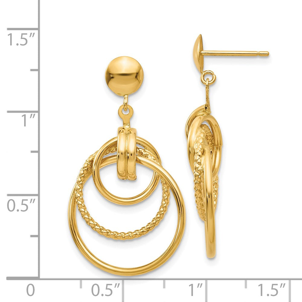 14k Polished and Textured Intertwined Circles Dangle Post Earrings