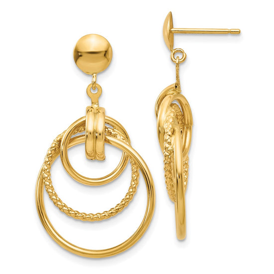 14k Polished and Textured Intertwined Circles Dangle Post Earrings